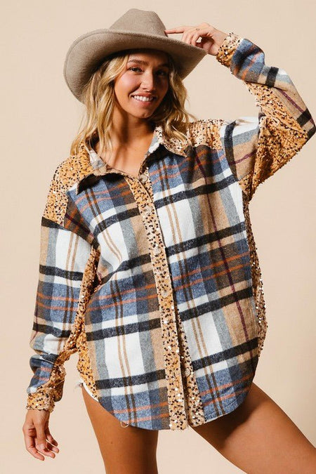 BiBi Curved Hem Sequin Plaid Button Up Shacket - S. M. & Co.