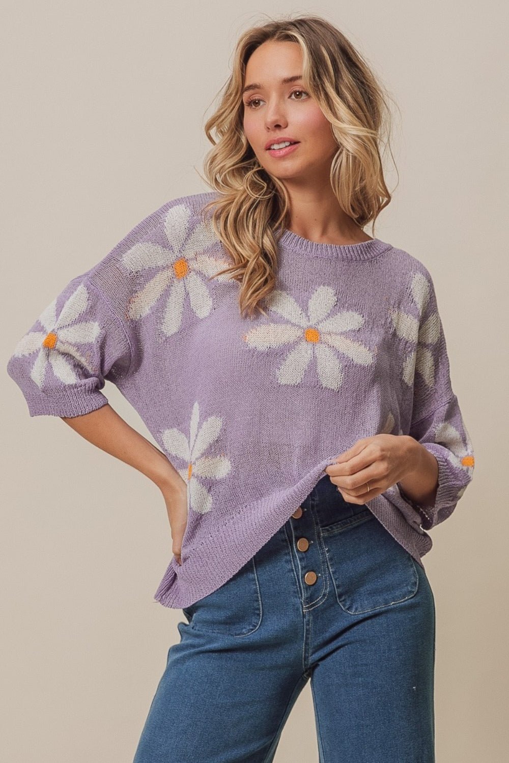 BiBi Floral Pattern Slit Sweater - S. M. & Co. Pattern Slit Sweater