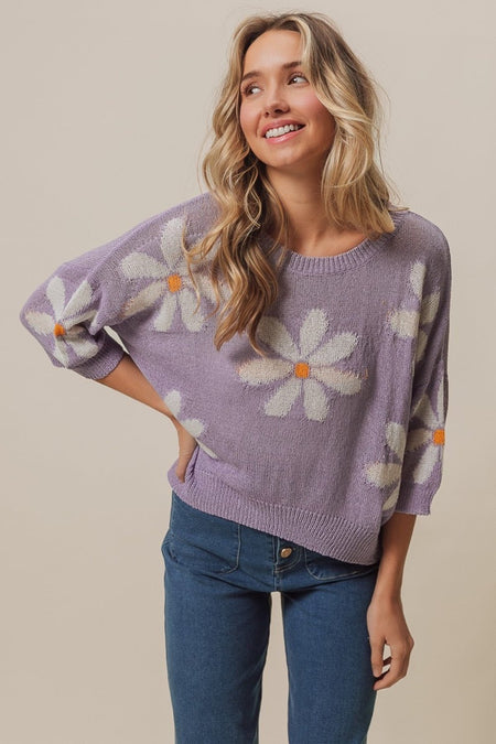 BiBi Floral Pattern Slit Sweater - S. M. & Co. Pattern Slit Sweater