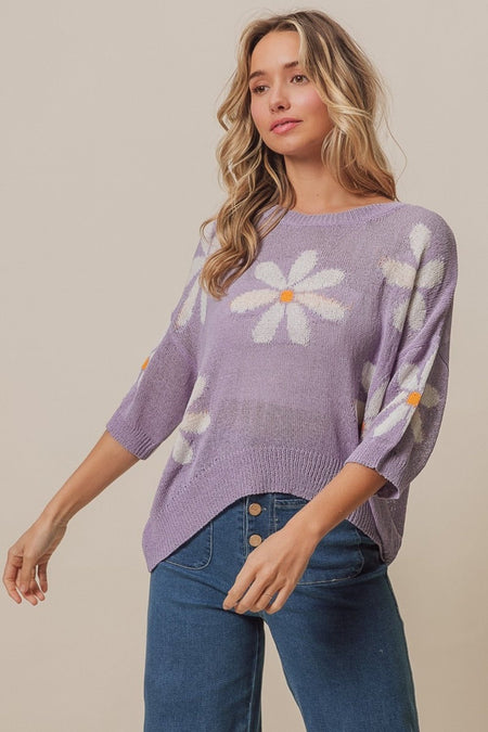 BiBi Floral Pattern Slit Sweater - S. M. & Co. Pattern Slit Sweater