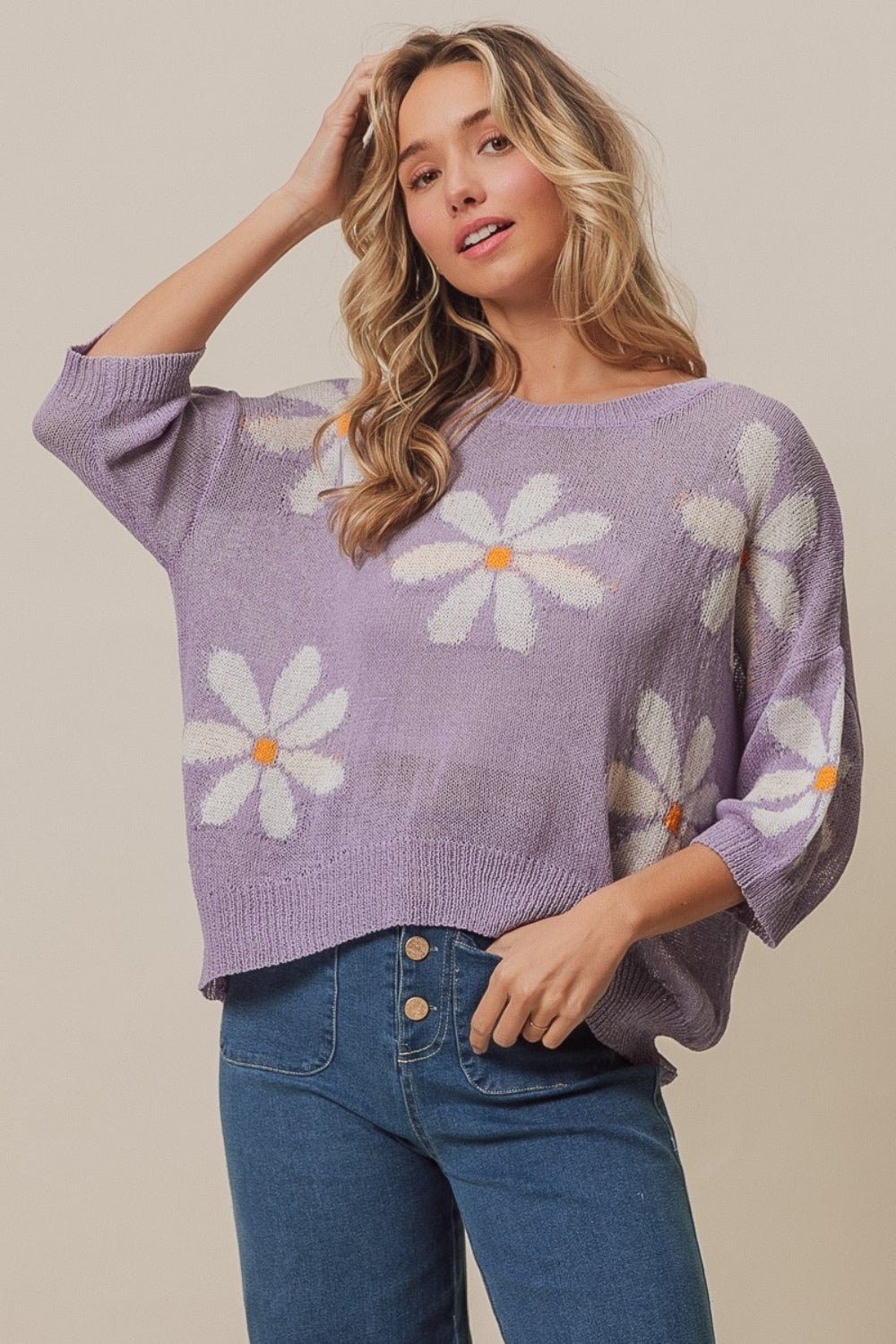 BiBi Floral Pattern Slit Sweater - S. M. & Co. Pattern Slit Sweater