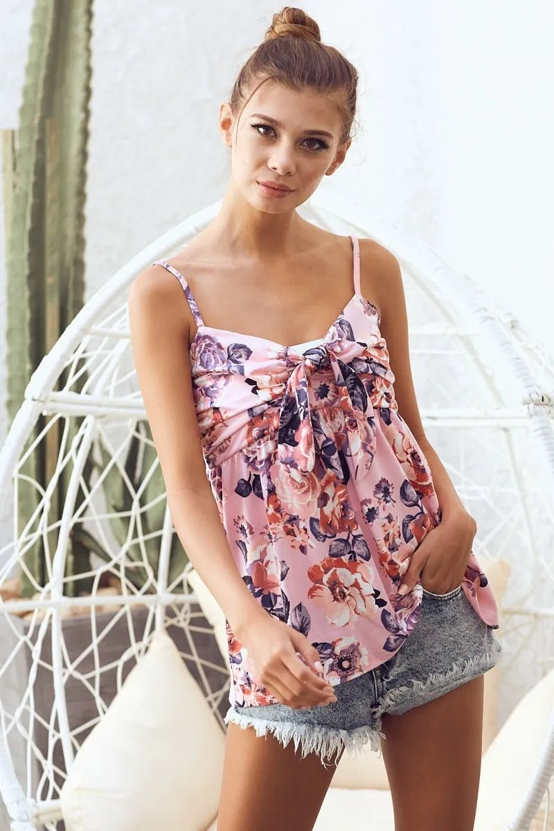 BiBi Floral Printed Jersey Knit with Tie Ribbon Front - S. M. & Co.