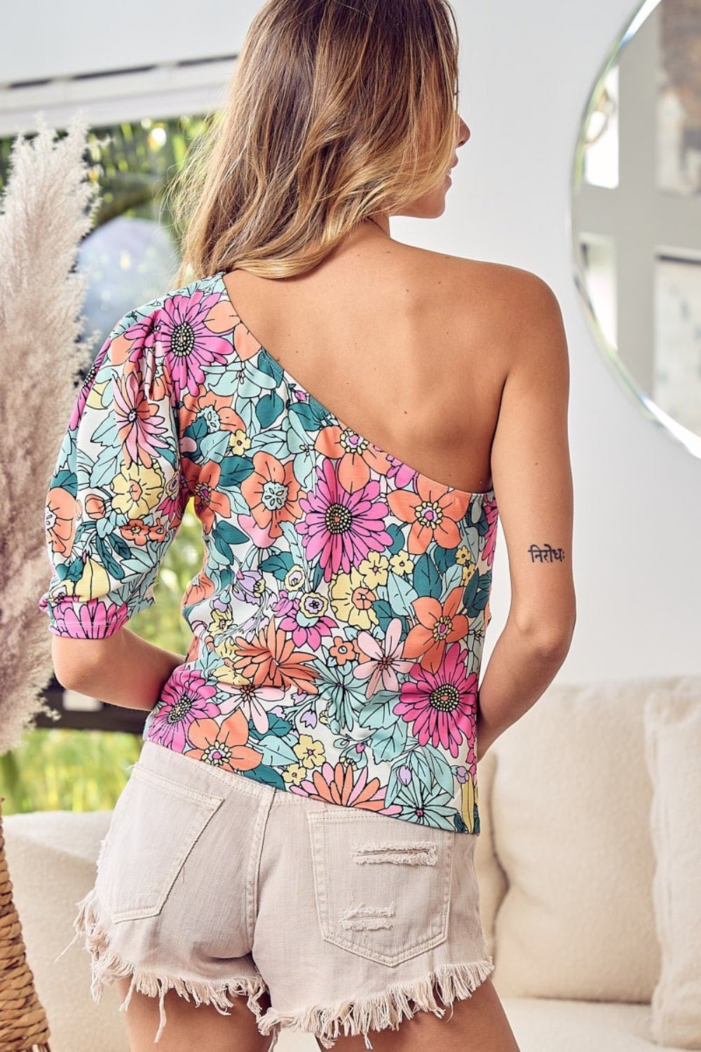 BiBi Floral Puff Sleeve One Shoulder Top - S. M. & Co.