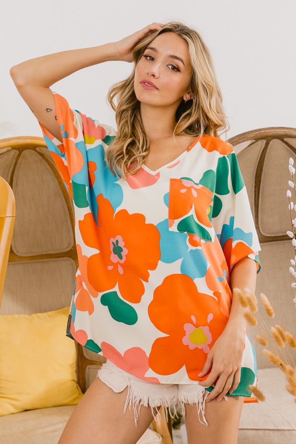 BiBi Floral V Neck Slit Side T-Shirt - S. M. & Co. T-Shirts