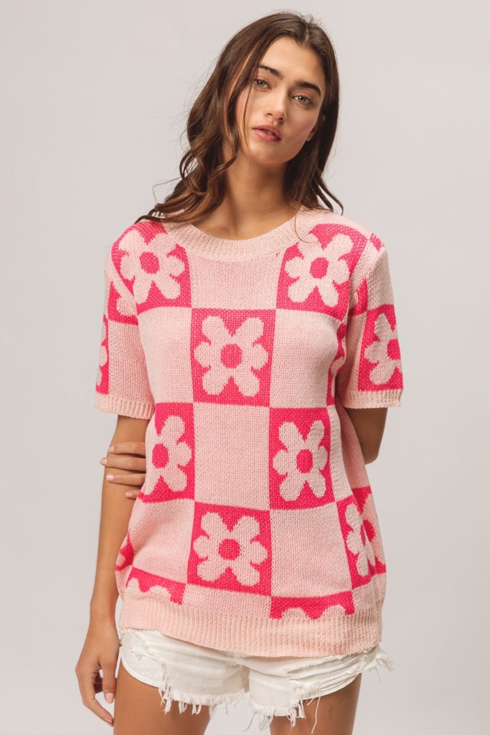 BiBi Flower Checker Pattern Short Sleeve Sweater - S. M. & Co. Pattern Sweater