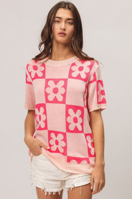 BiBi Flower Checker Pattern Short Sleeve Sweater - S. M. & Co. Pattern Sweater