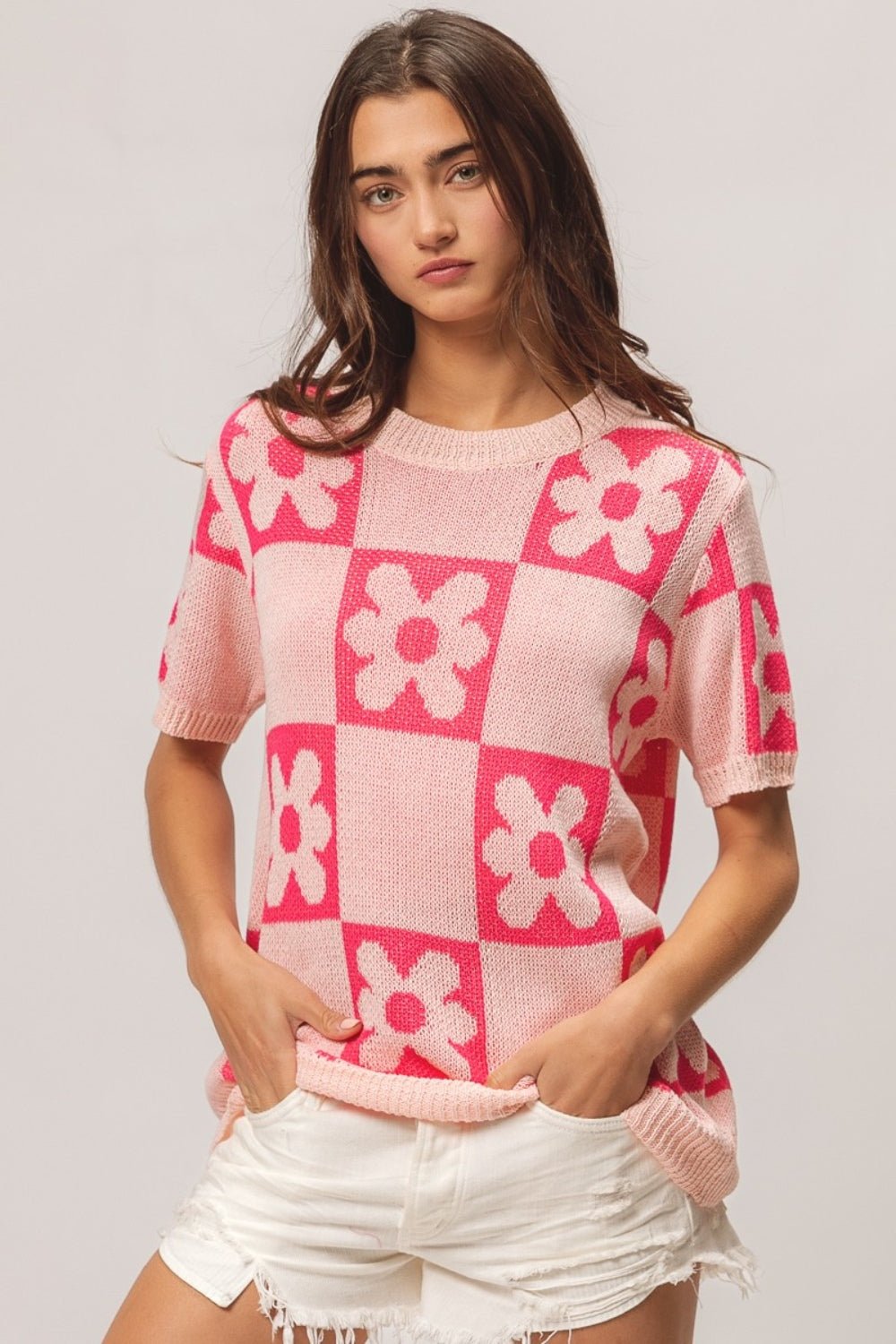 BiBi Flower Checker Pattern Short Sleeve Sweater - S. M. & Co. Pattern Sweater