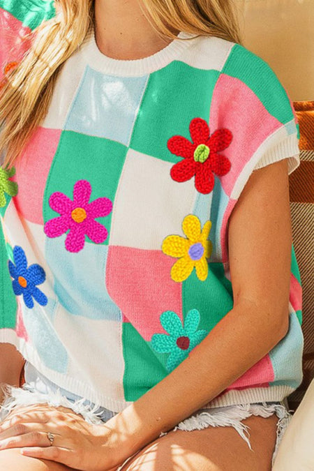 BiBi Flower Patch Checkered Sweater Vest - S. M. & Co. Sweater Vest