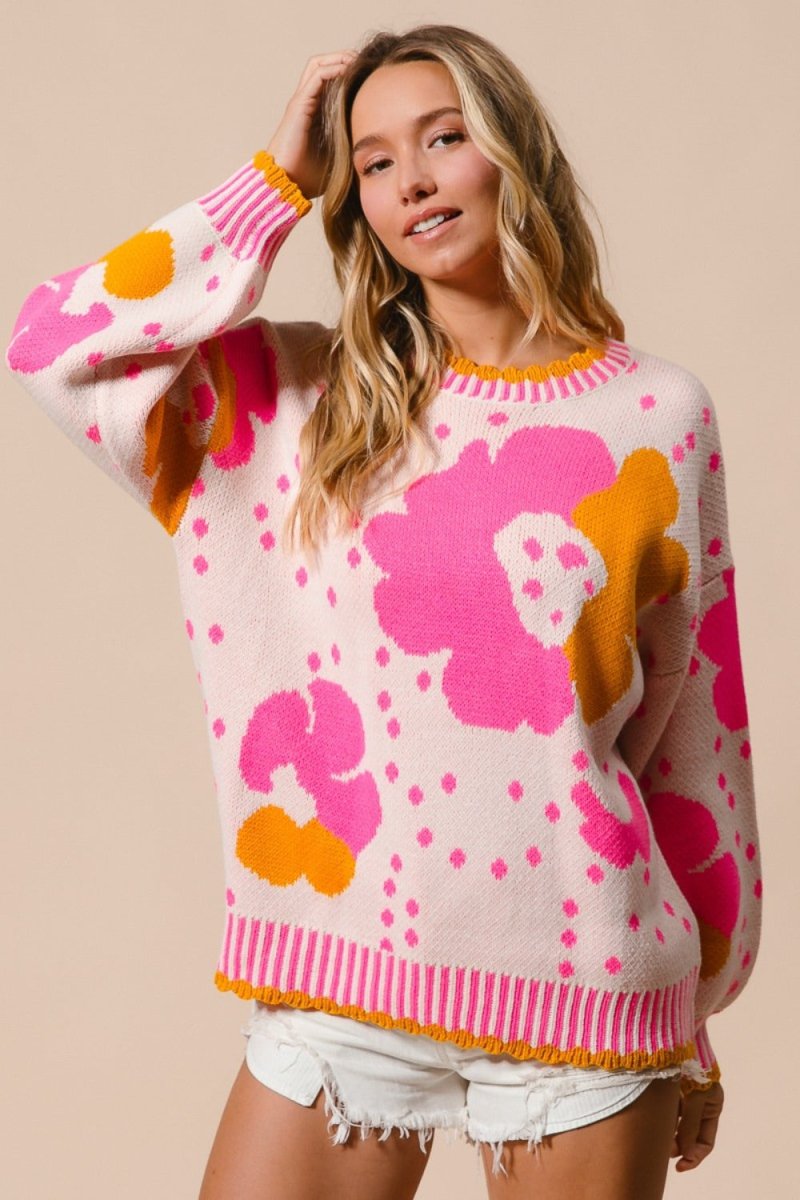 BiBi Flower Pattern Contrast Sweater - S. M. & Co.