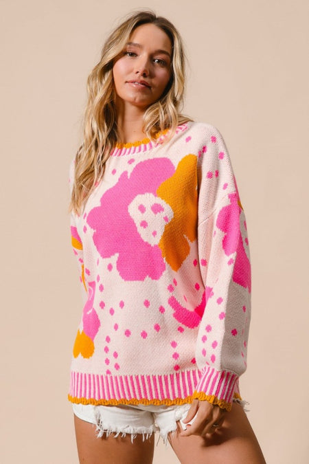 BiBi Flower Pattern Contrast Sweater - S. M. & Co.