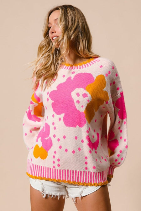 BiBi Flower Pattern Contrast Sweater - S. M. & Co.