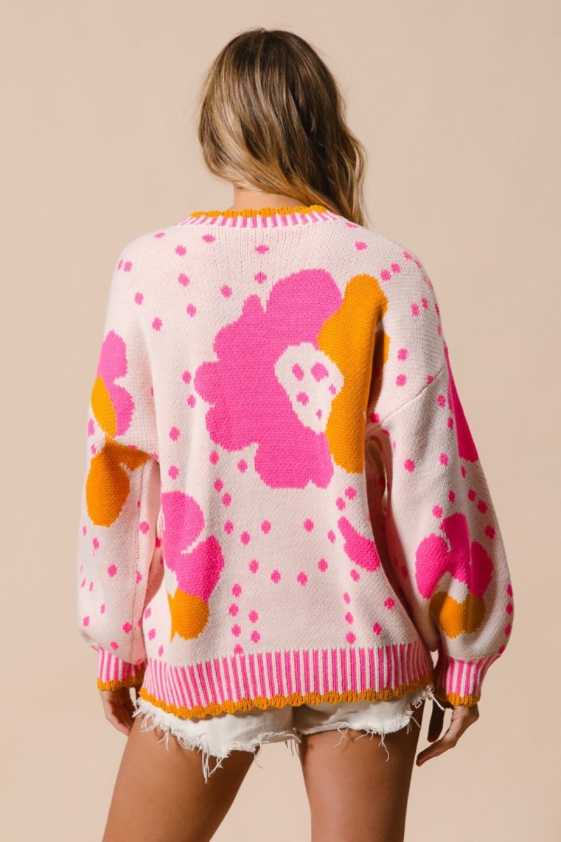 BiBi Flower Pattern Contrast Sweater - S. M. & Co.