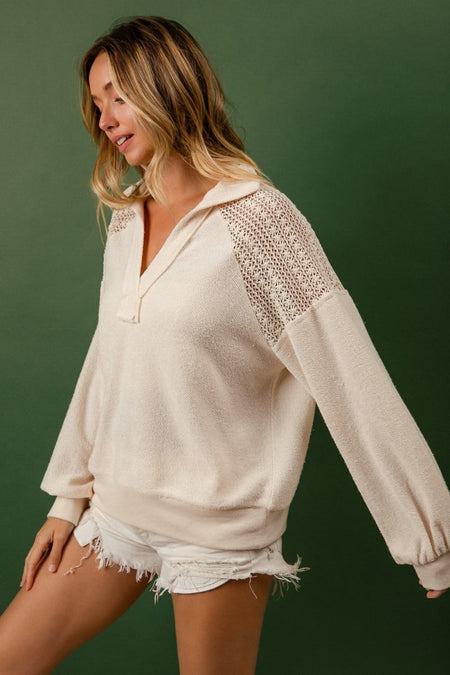 BiBi French Terry Lace Shoulder Top - S. M. & Co.