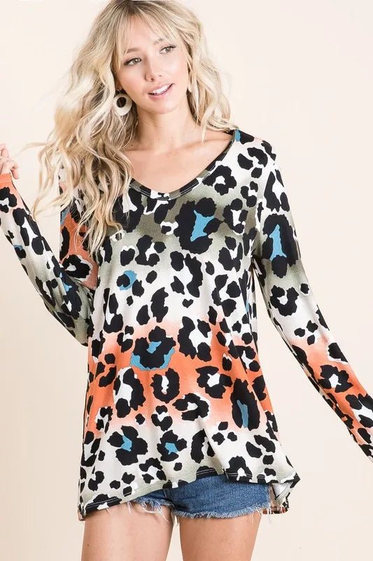 BiBi Gradation Leopard Print Soft Knit Deep U Neck Top - S. M. & Co.