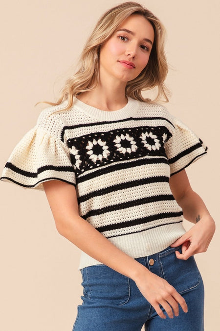 BiBi Granny Square Short Sleeve Striped Sweater - S. M. & Co. Short Sleeve Sweater