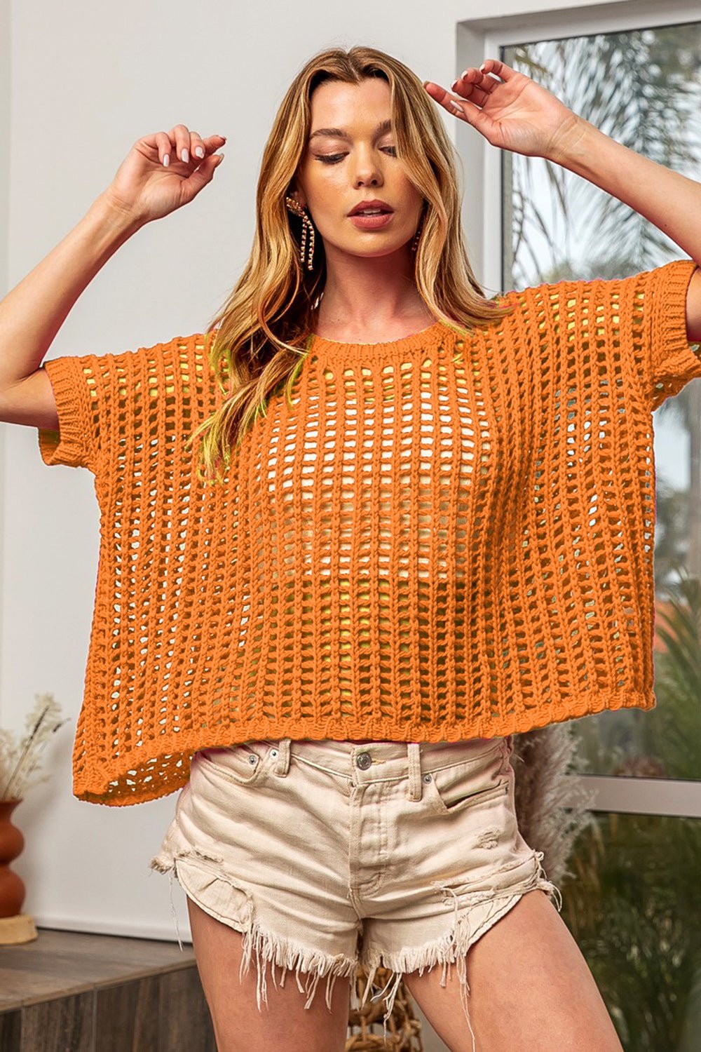 BiBi Hollowed Out Short Sleeve Knit Cover Up - S. M. & Co. Cover-up