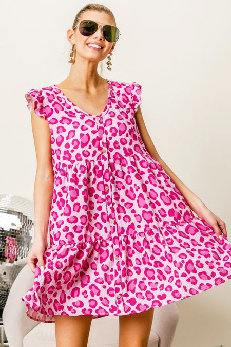 BiBi Leopard Cap Sleeve Tiered Mini Dress - S. M. & Co.