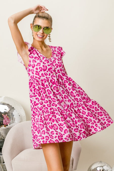 BiBi Leopard Cap Sleeve Tiered Mini Dress - S. M. & Co.