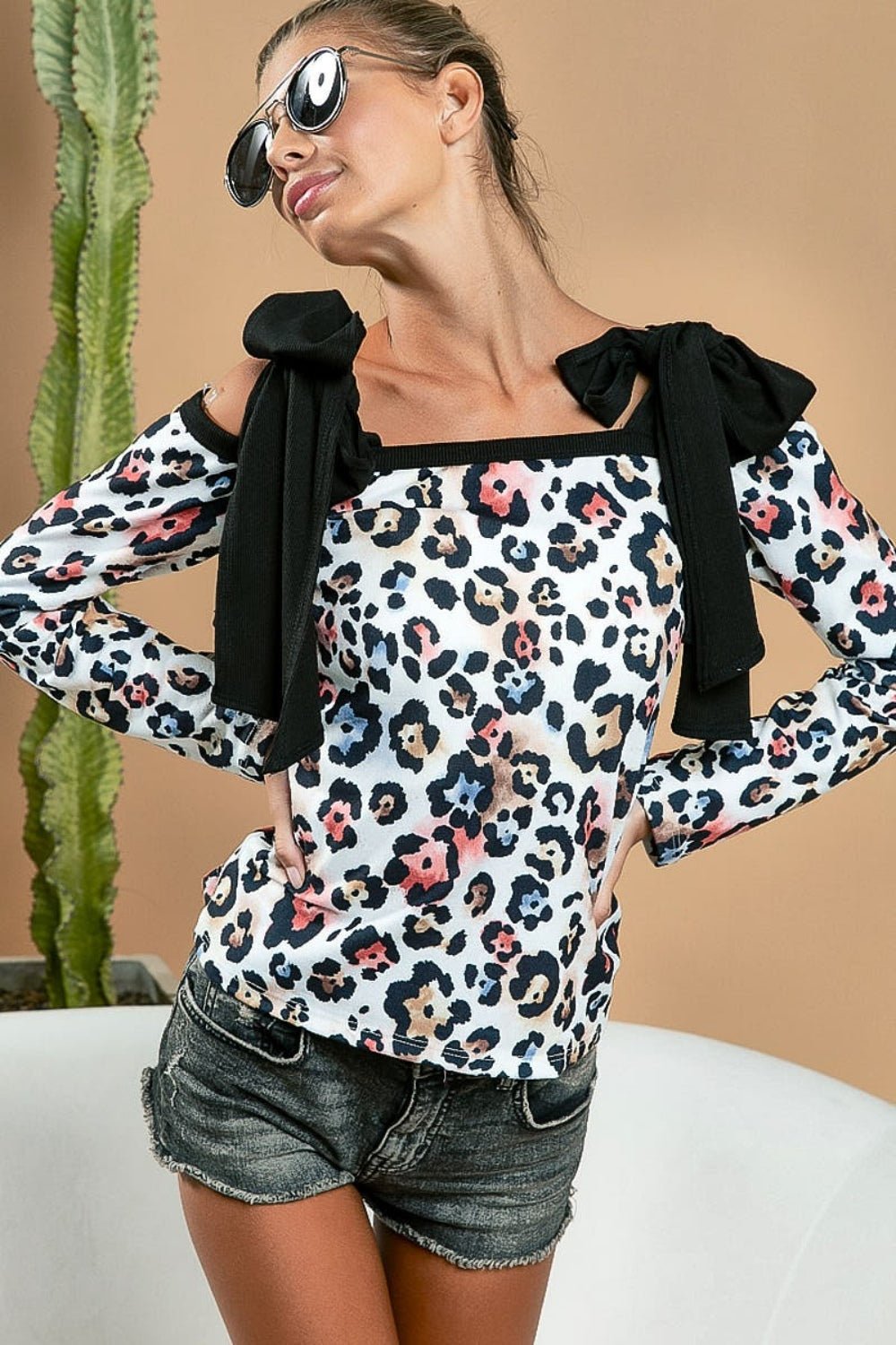 BiBi Leopard Shoulder Tie Long Sleeve Top - S. M. & Co. Shirts & Tops