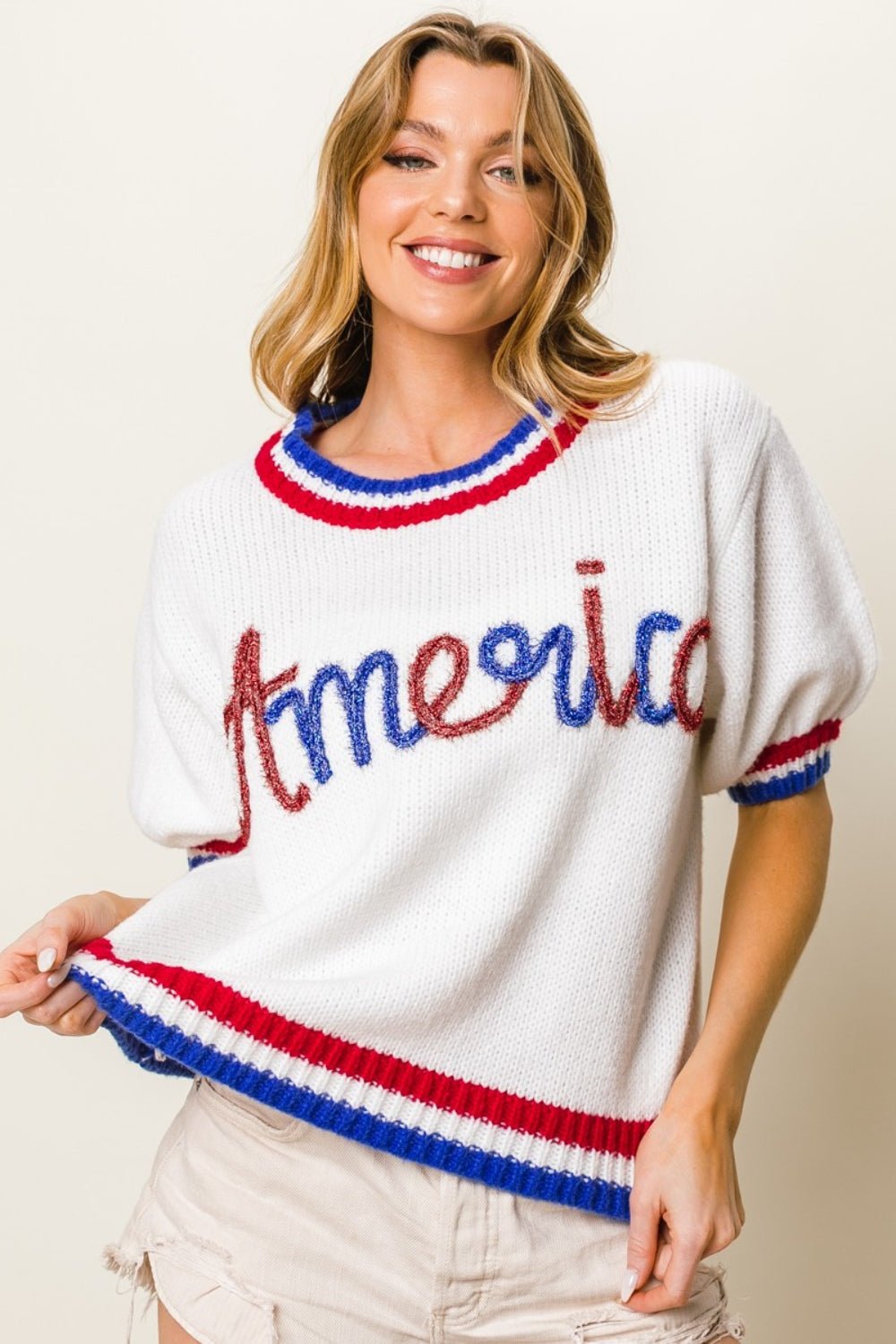 BiBi Metallic America Letter Short Sleeve Sweater - S. M. & Co. Short Sleeve Sweater