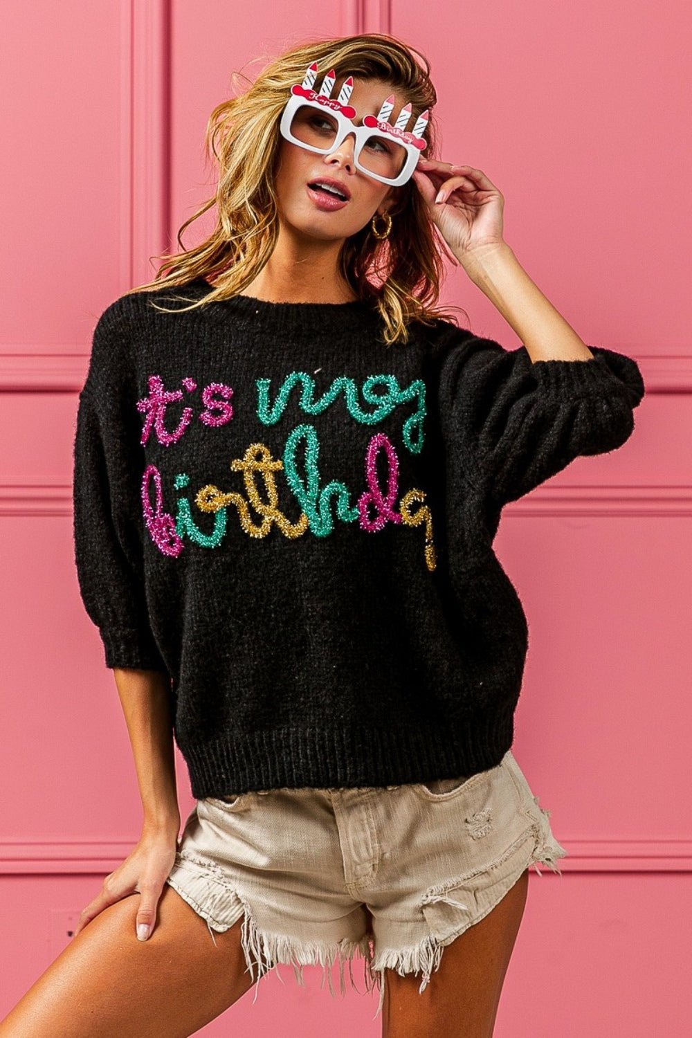 BiBi Metallic Letter Puff Sleeve Hairy Sweater - S. M. & Co. Puff Sleeve Sweater