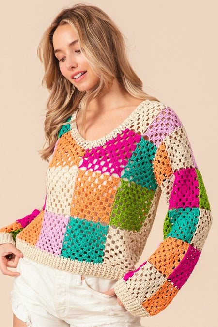 BiBi Multi Color Checkered Long Sleeve Knit Top - S. M. & Co. Knit Top