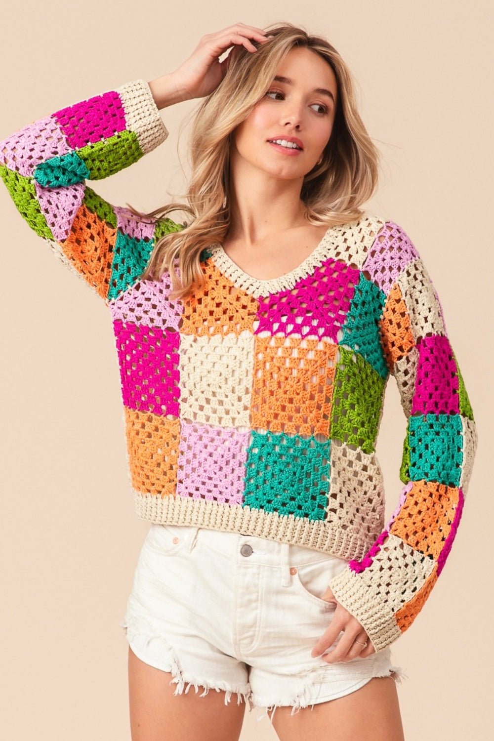 BiBi Multi Color Checkered Long Sleeve Knit Top - S. M. & Co. Knit Top