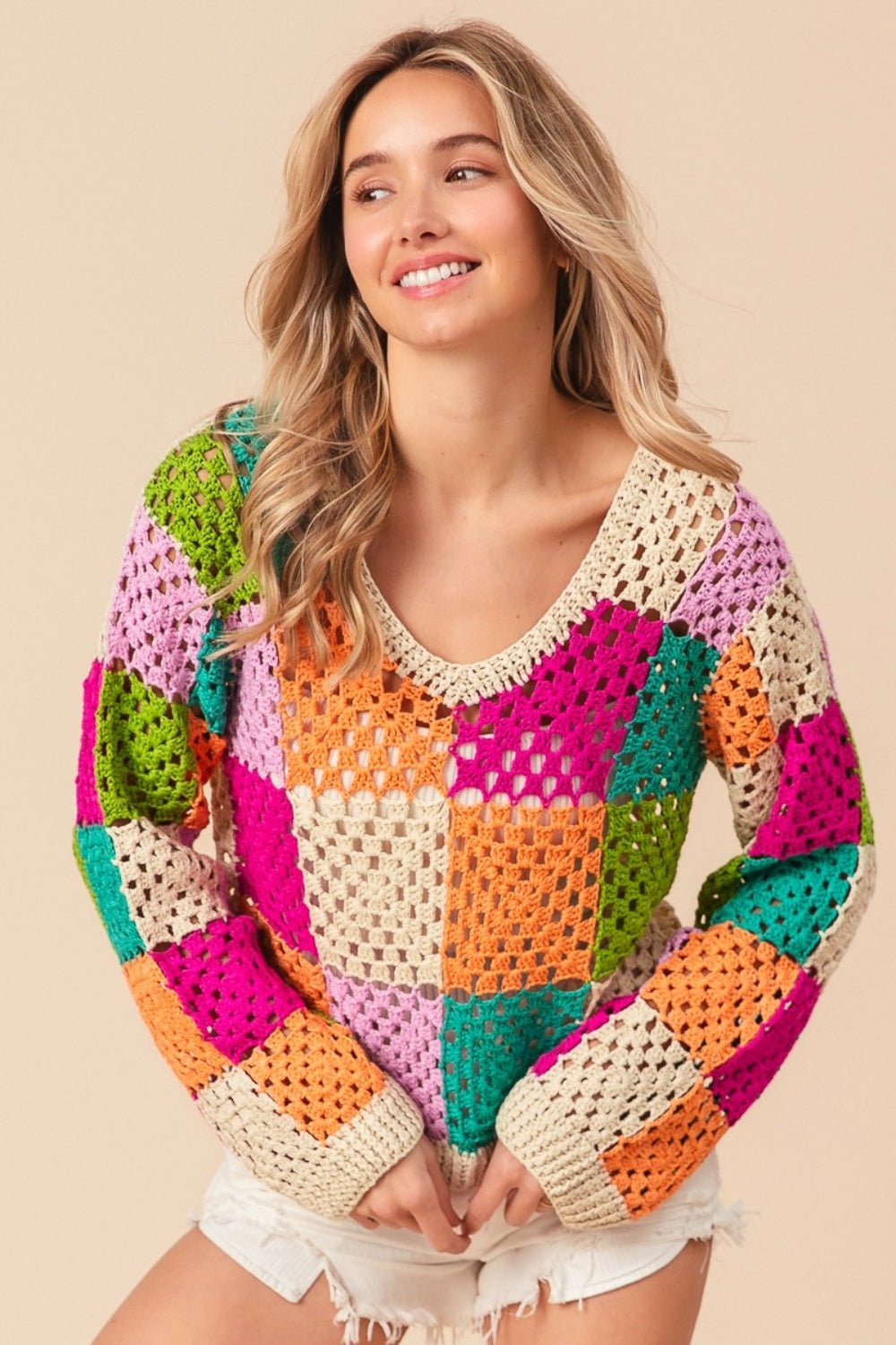 BiBi Multi Color Checkered Long Sleeve Knit Top - S. M. & Co. Knit Top