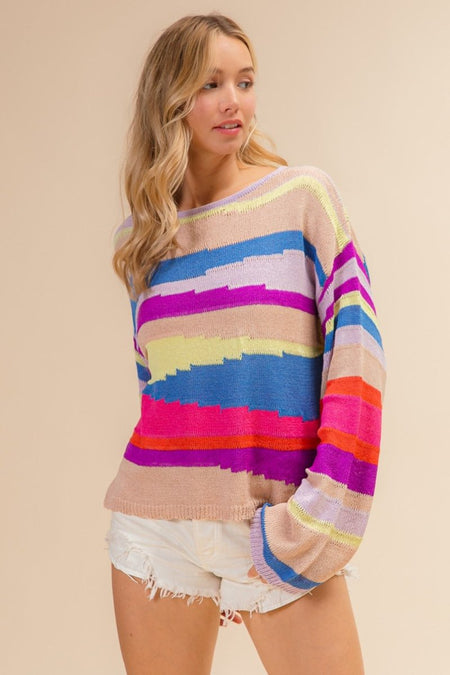 BiBi Multi Color Geometric Stripe Sweater - S. M. & Co.