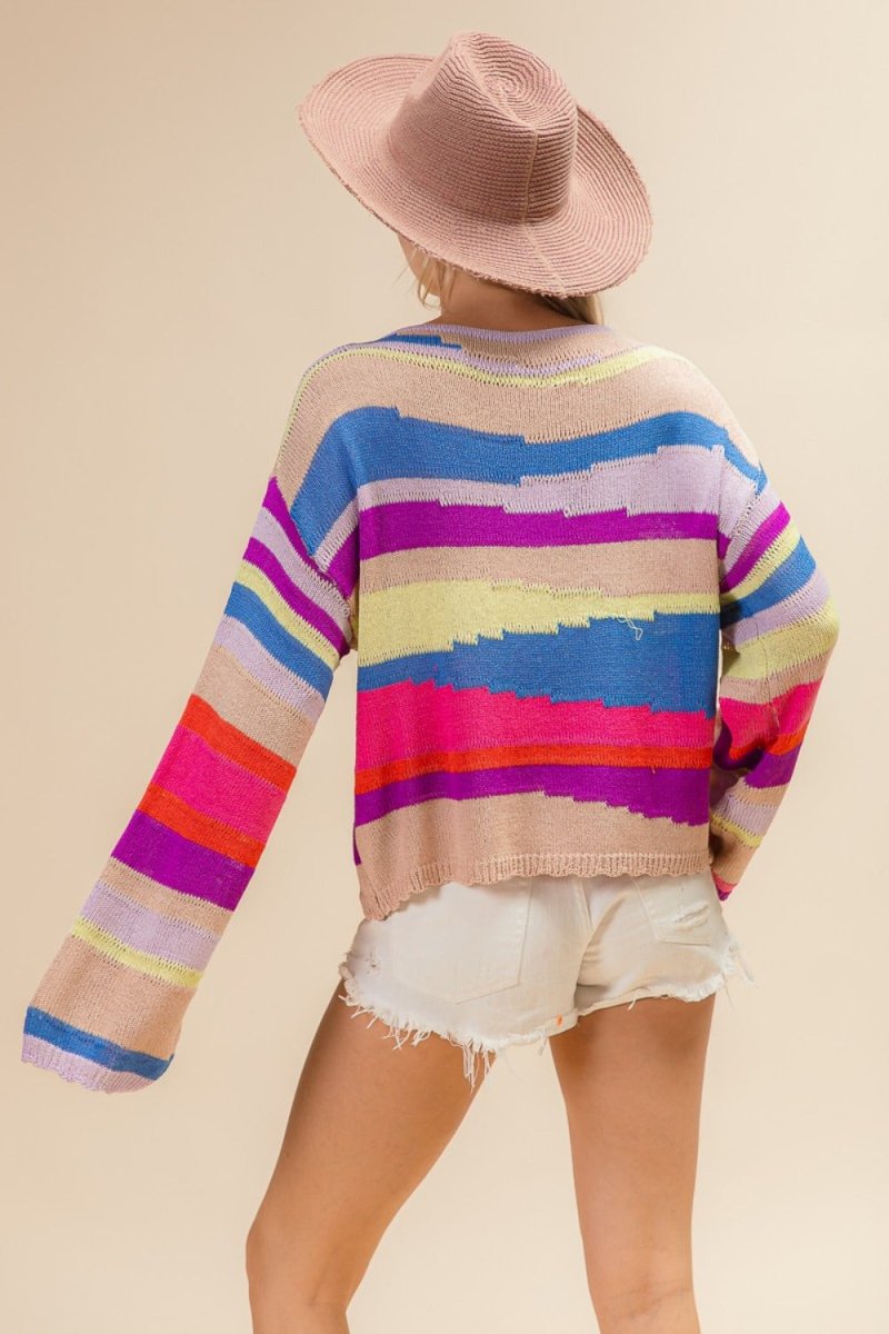 BiBi Multi Color Geometric Stripe Sweater - S. M. & Co.