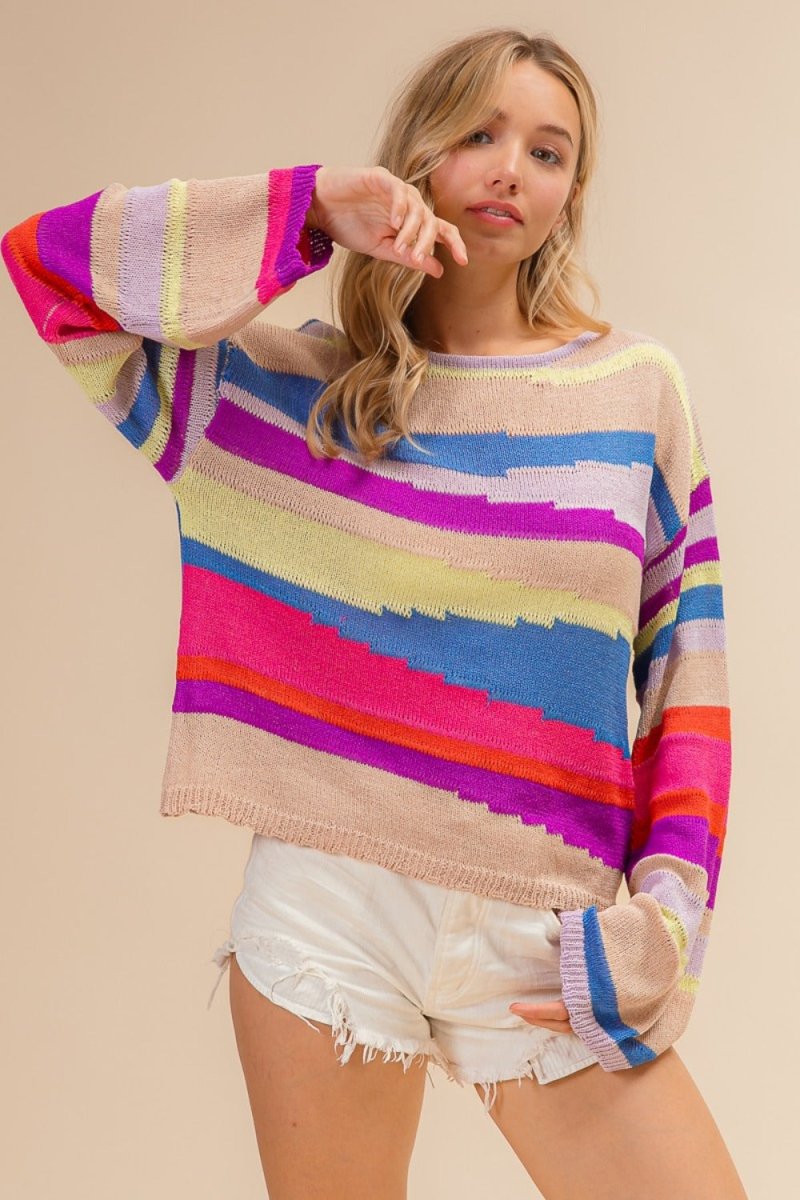 BiBi Multi Color Geometric Stripe Sweater - S. M. & Co.