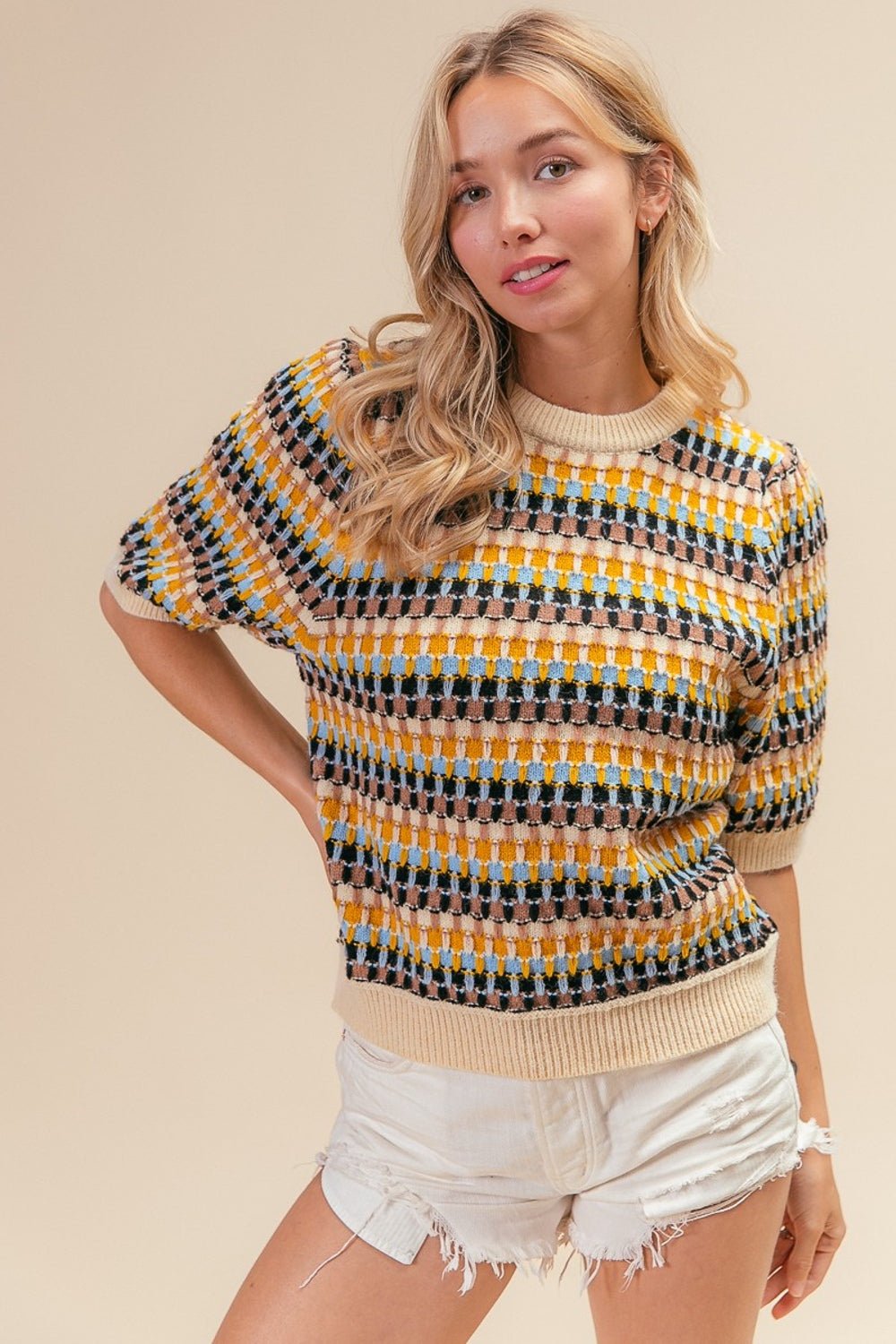 BiBi Multi Color Half Sleeve Sweater - S. M. & Co. Half Sleeve Sweater