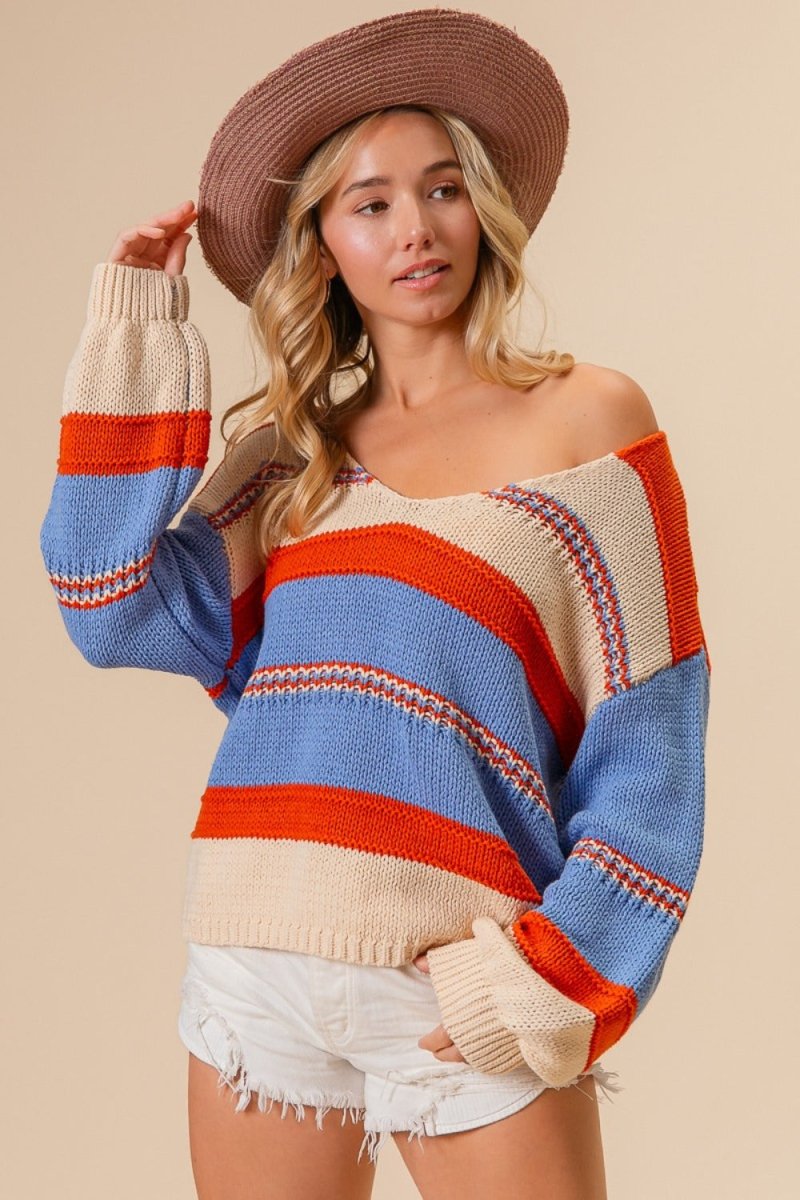 BiBi Multi Color Stripe Scoop Neck Sweater - S. M. & Co.