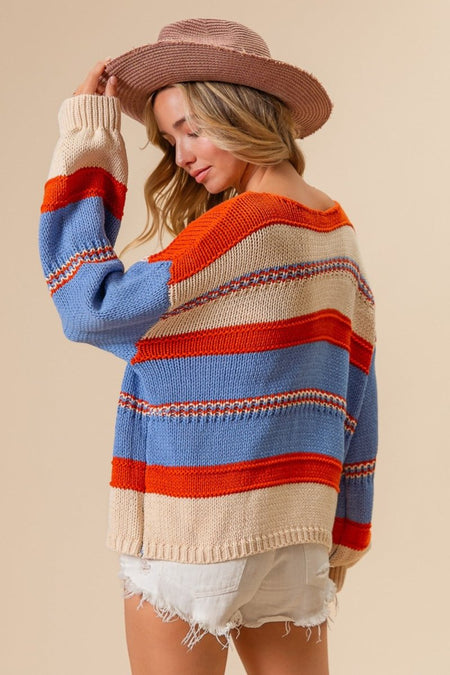 BiBi Multi Color Stripe Scoop Neck Sweater - S. M. & Co.