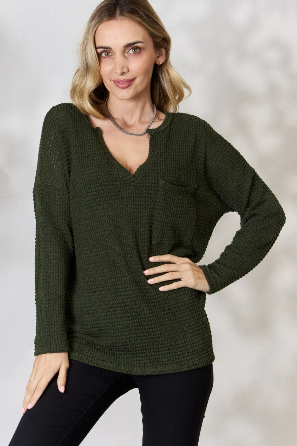 BiBi Notched Popcorn Waffle Long Sleeve Top - S. M. & Co. Long sleeve Top