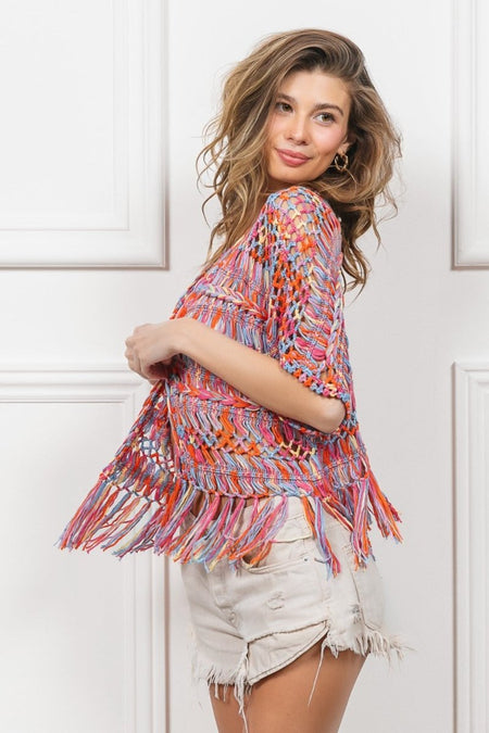 BiBi Open Front Fringed Crop Knit Cardigan - S. M. & Co.