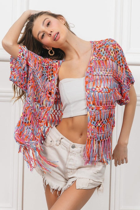 BiBi Open Front Fringed Crop Knit Cardigan - S. M. & Co.