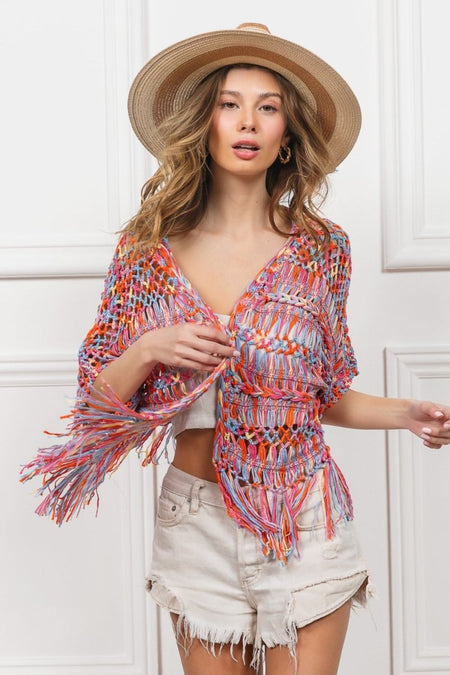 BiBi Open Front Fringed Crop Knit Cardigan - S. M. & Co.