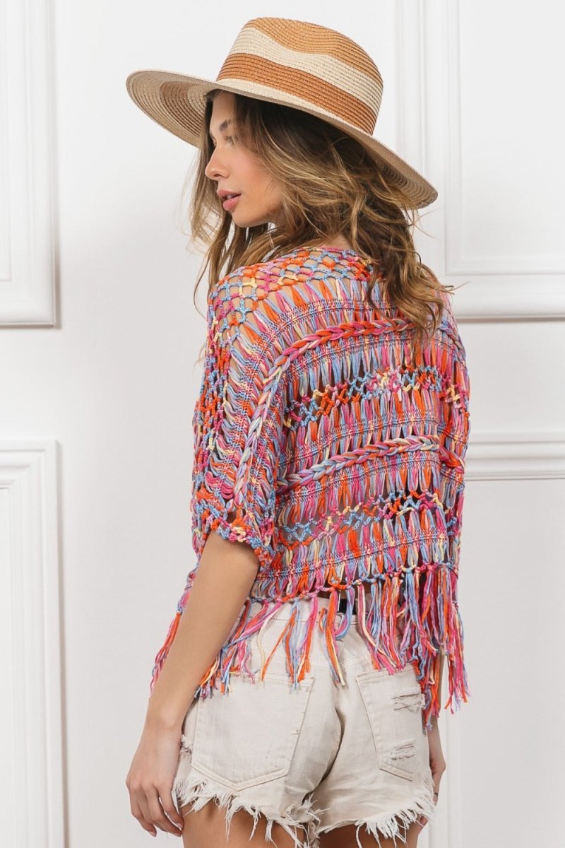 BiBi Open Front Fringed Crop Knit Cardigan - S. M. & Co.