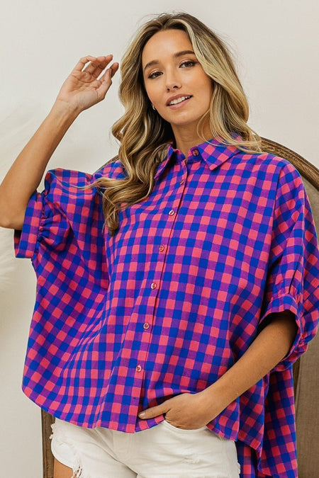 BiBi Plaid Button Up Dolman Sleeve Shirt - S. M. & Co. Button Up Shirt