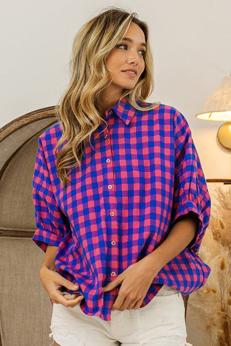 BiBi Plaid Button Up Dolman Sleeve Shirt - S. M. & Co. Button Up Shirt