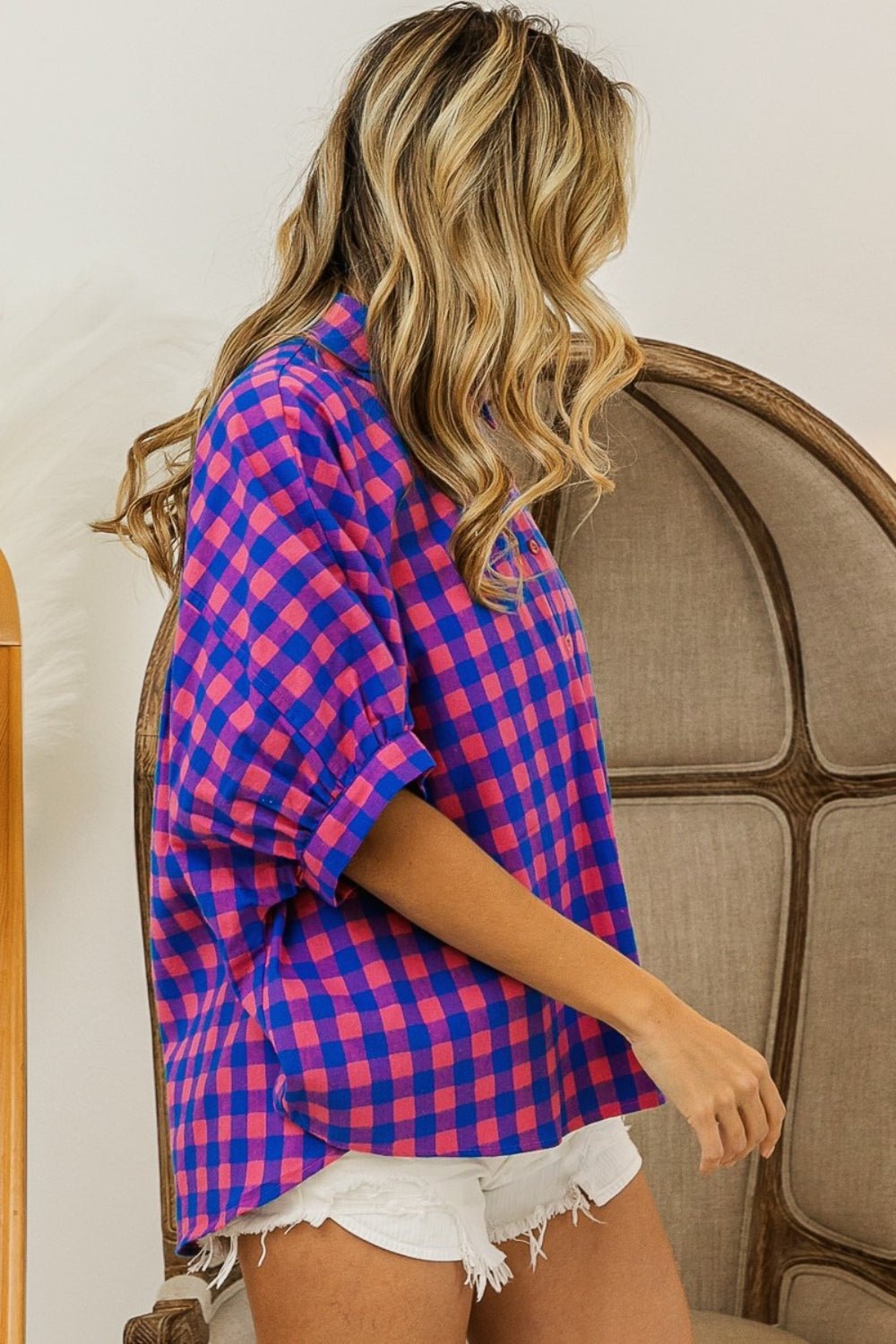 BiBi Plaid Button Up Dolman Sleeve Shirt - S. M. & Co. Button Up Shirt