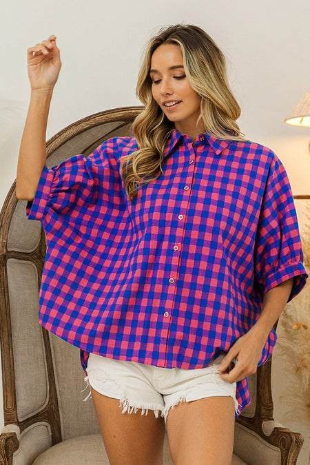 BiBi Plaid Button Up Dolman Sleeve Shirt - S. M. & Co. Button Up Shirt