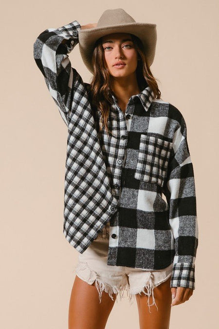 BiBi Plaid Fleece Button Down Long Sleeve Shirt - S. M. & Co.