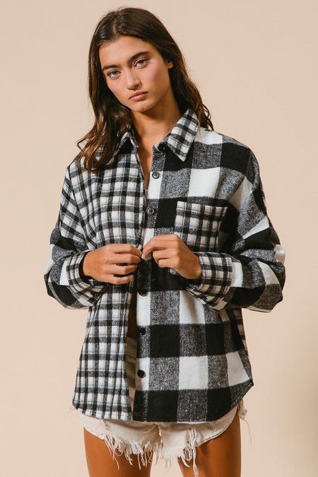 BiBi Plaid Fleece Button Down Long Sleeve Shirt - S. M. & Co.