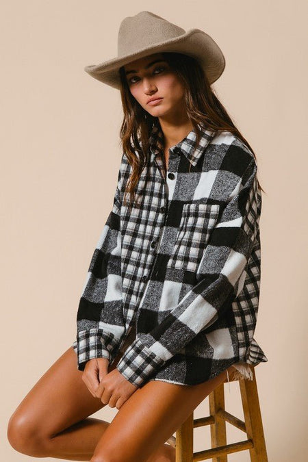 BiBi Plaid Fleece Button Down Long Sleeve Shirt - S. M. & Co.