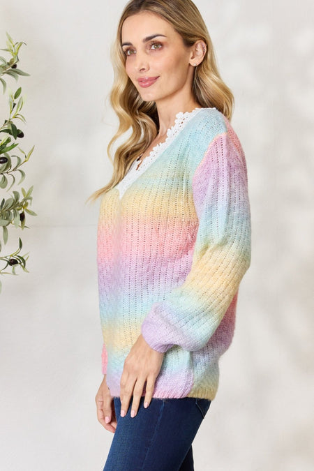 BiBi Rainbow Gradient Crochet Deetail Sweater - S. M. & Co. Crochet Sweater