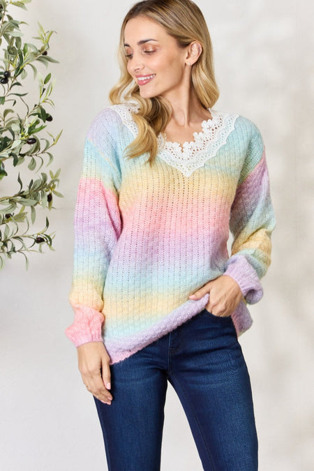 BiBi Rainbow Gradient Crochet Deetail Sweater - S. M. & Co. Crochet Sweater