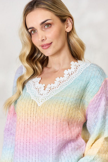 BiBi Rainbow Gradient Crochet Deetail Sweater - S. M. & Co. Crochet Sweater