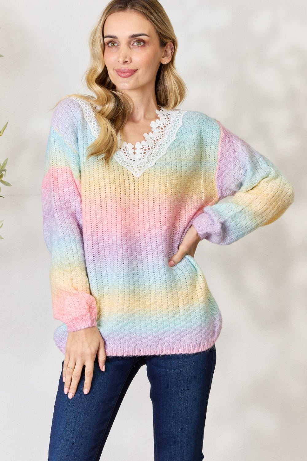 BiBi Rainbow Gradient Crochet Deetail Sweater - S. M. & Co. Crochet Sweater